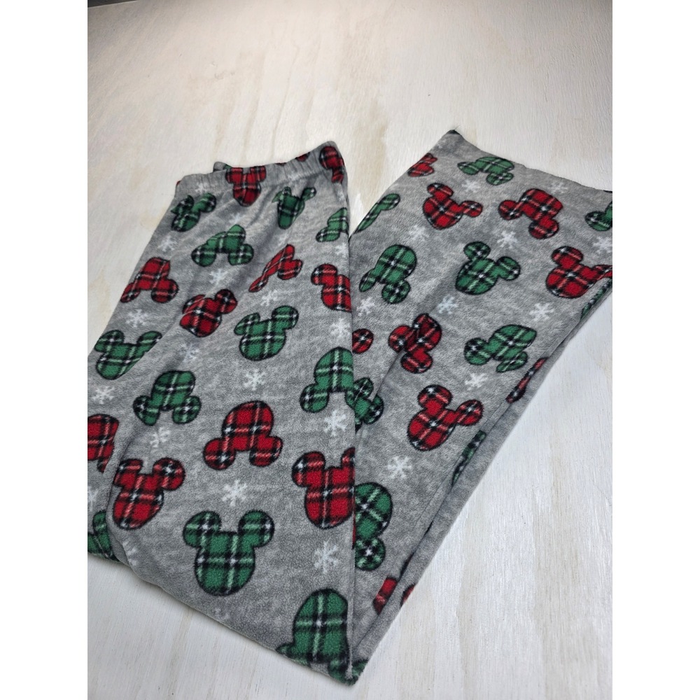 Disney Mickey Mouse Pajama Pants Large Grey Plaid Fleece Christmas Holiday Sleep - Picture 1 of 5